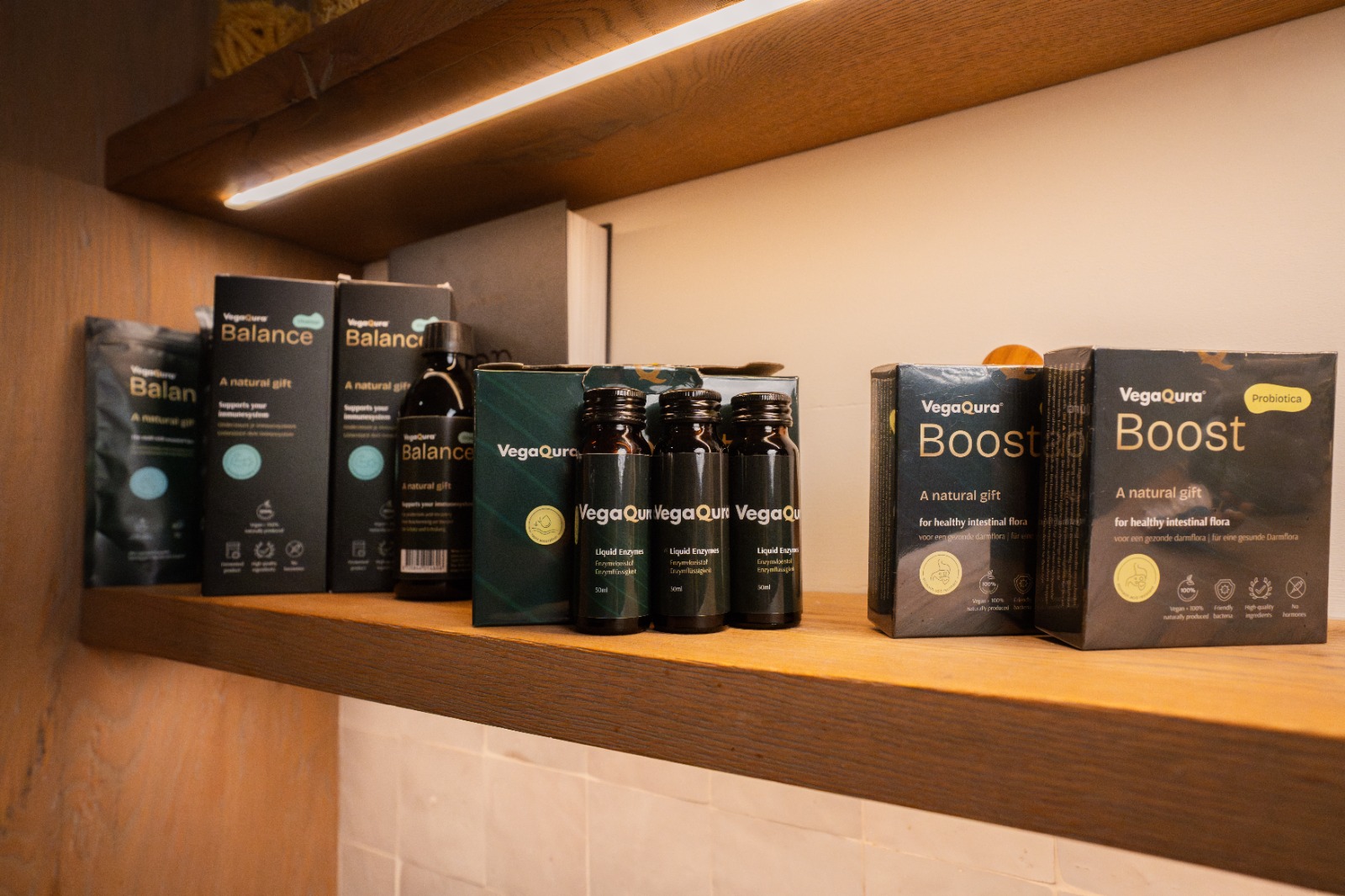 Shelves displaying health supplement products.