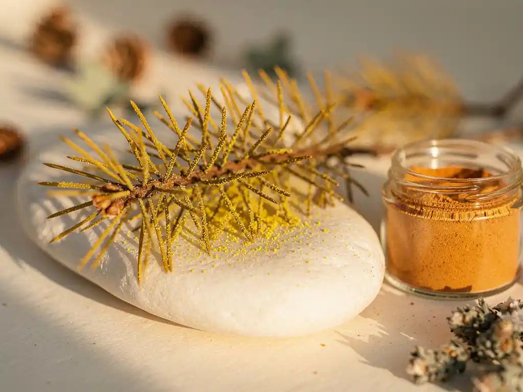 Gouden dennenbranch bestoven met geel pollen op wit steen, naast een glazen potje barnsteenkleurig poeder in zacht ochtendlicht.