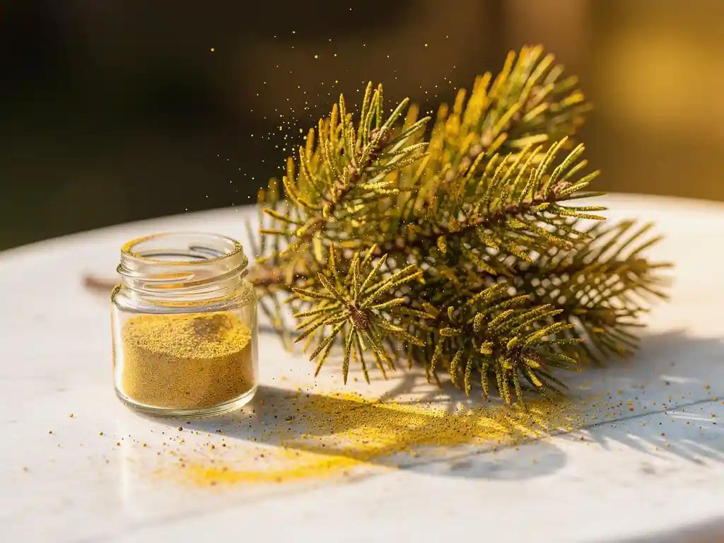 Dennentakken met geel stuifmeel op wit stenen oppervlak, klein glazen potje met gouden dennenpollenpoeder in zachte ochtendzon.
