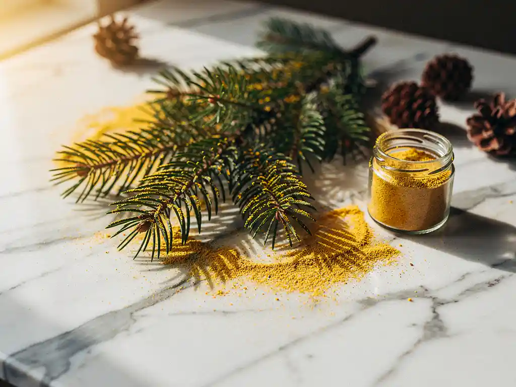 Verse dennentakken bestoven met goudgeel pollen op wit marmer, naast een glazen potje pollen en dennenappels in zacht ochtendlicht.