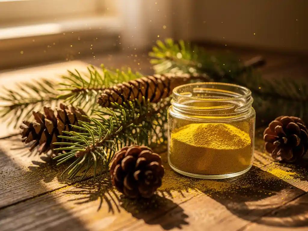 Verse dennentakken bestoven met goudgeel pollen op houten ondergrond, met dennenappels en een glazen potje dennenpollen in ochtendlicht.