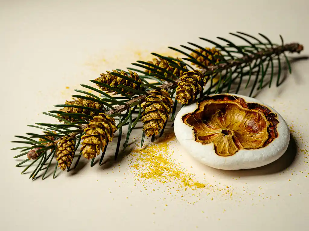 Dennenbranch met gouden pollenkegelS op wit steen, geel stuifmeel verspreid, doorsnede van dennenappel toont organische lagen.