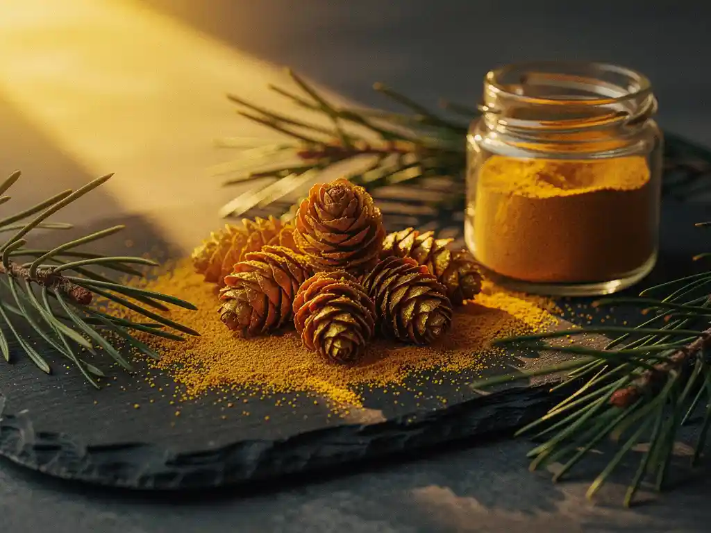 Gouden dennenstuifmeel kegels die geel poeder strooien op leisteen, met een glazen pot gevuld met barnsteenkleurig poeder en dennennaalden.