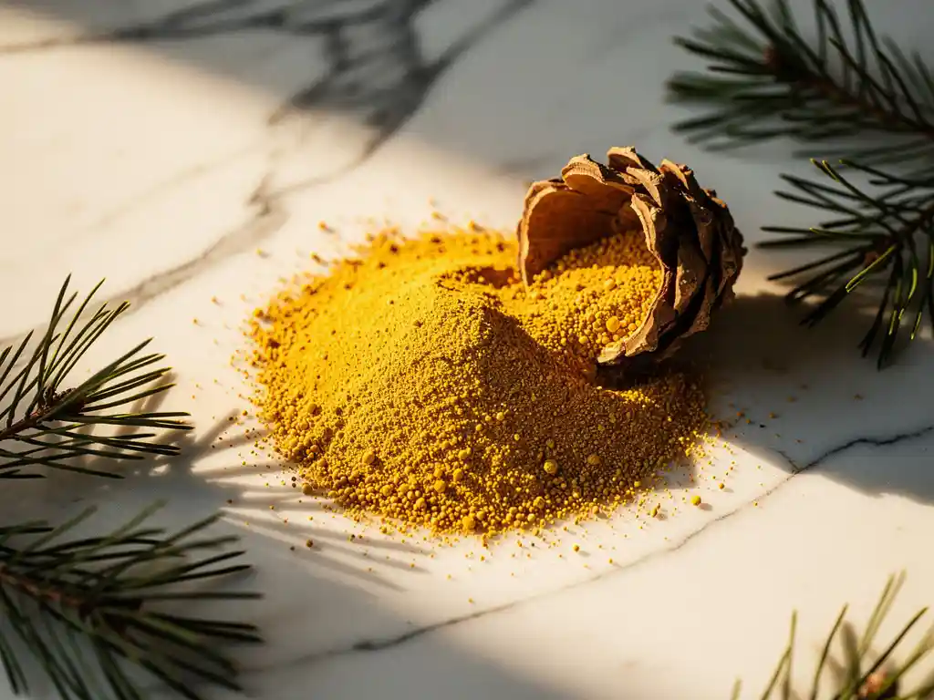 Goudgeel dennenpollen dat uit een opengebarsten dennenappel valt op wit marmer, omringd door dennennaalden in warm zonlicht.