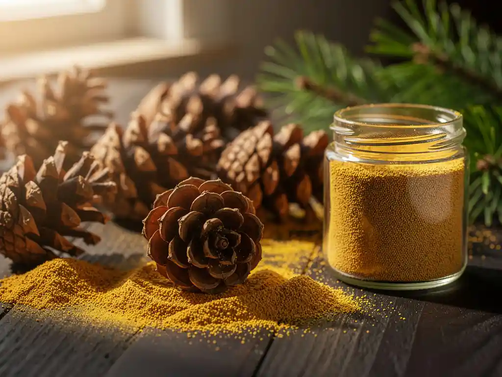 Dennenappels die goudgeel pollen strooien op donker hout, omringd door amberkleurig dennenpollen en een klein glazen potje gevuld met fijn pollen.