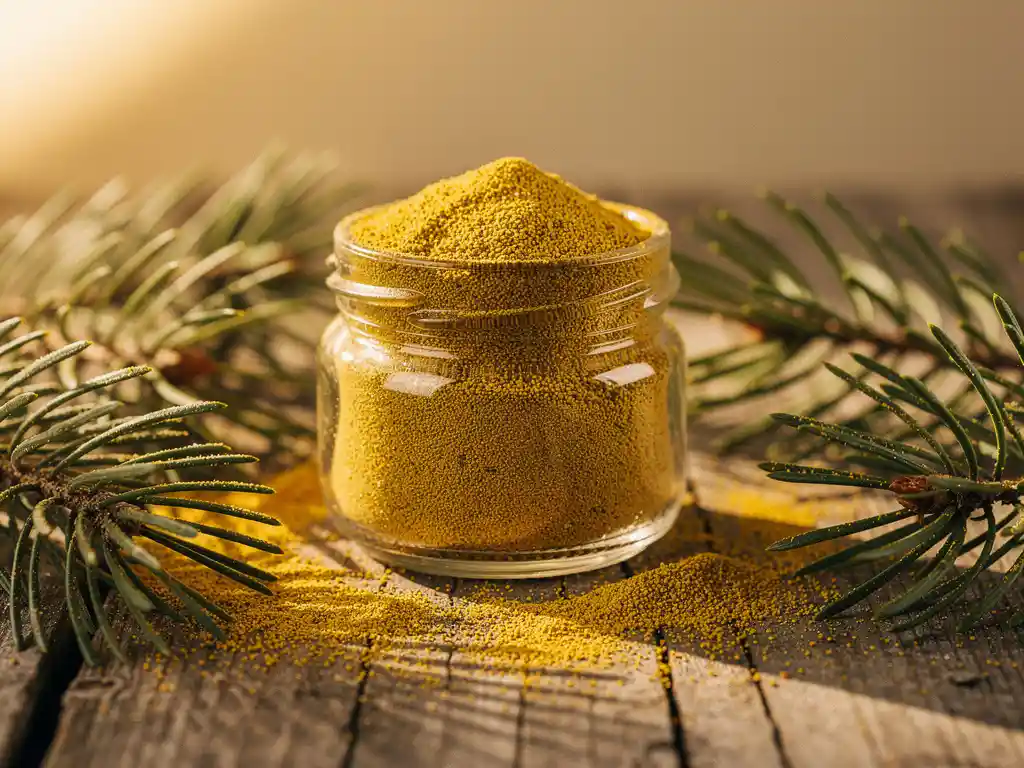 Klein glazen potje gevuld met gouden dennenpollen op verweerd hout, omringd door verse dennentakken in warm zijlicht.
