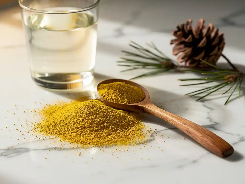 Gouden dennenpollen poeder op een houten lepel, gemorst op wit marmer met een glas water, dennennaalden en dennenappel.