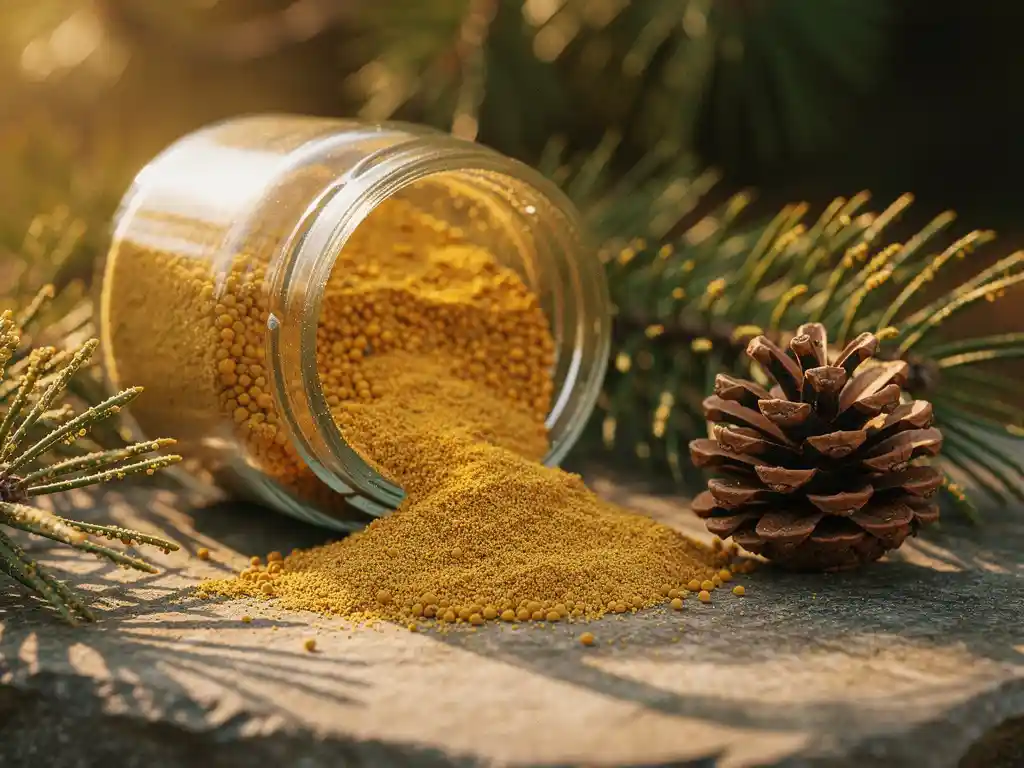 Glazen pot met goudgeel dennenpollen op steen, omringd door verse dennentakken en een dennenappel in zacht ochtendlicht.
