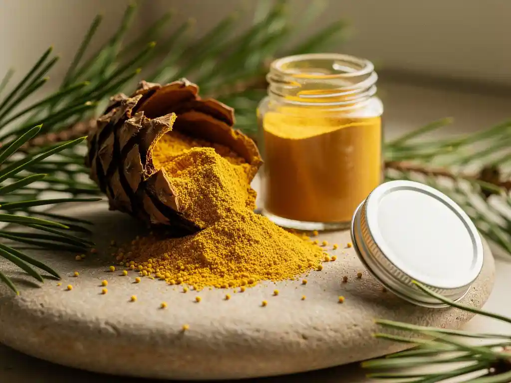Gouden dennenpollen dat uit een opengebarsten dennenappel valt op een stenen ondergrond, omringd door groene dennennaalden en een glazen pot met supplement.