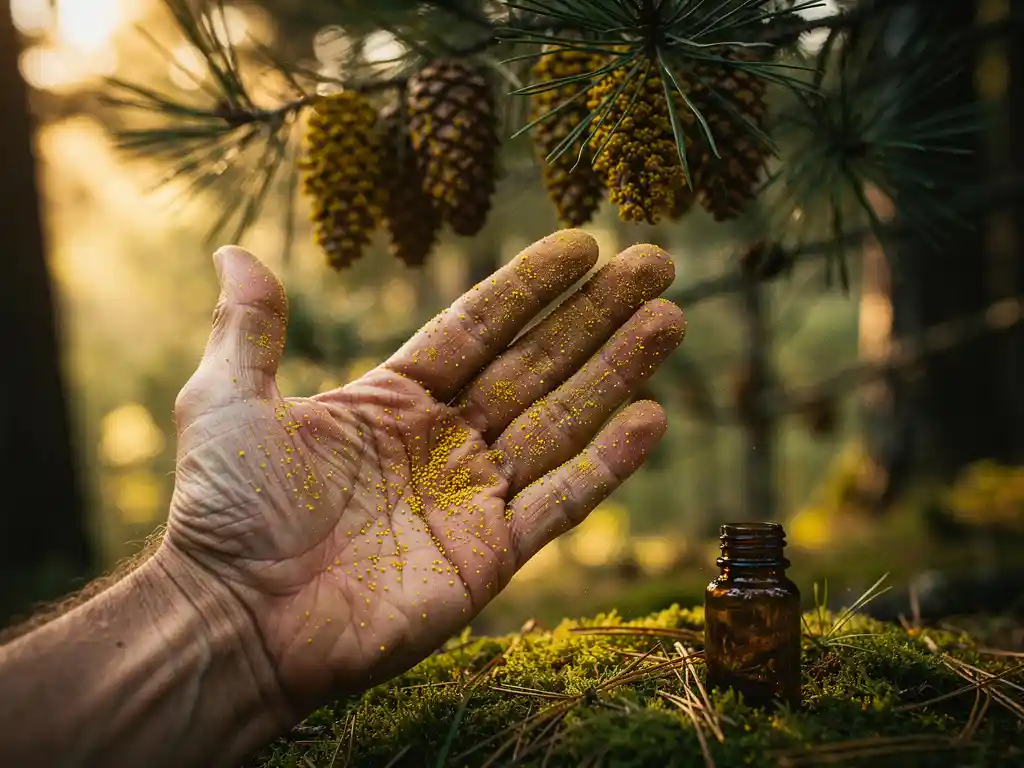 Verweerde hand bestoven met goudgeel dennenpollen, amberkleurig supplementenflesje op bemost bosbos, warme ochtendlicht.