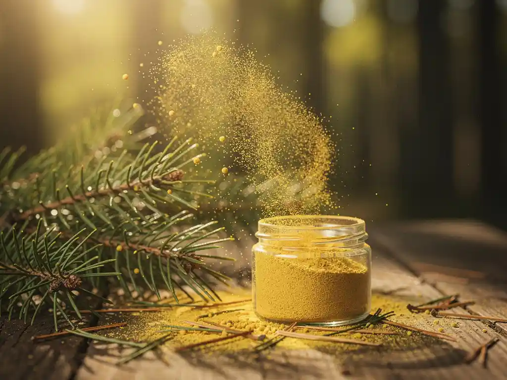 Dennenpollen die van goudgekleurde dennentakken vallen in een glazen pot op een houten ondergrond, omringd door dennennaalden in warm zonlicht.
