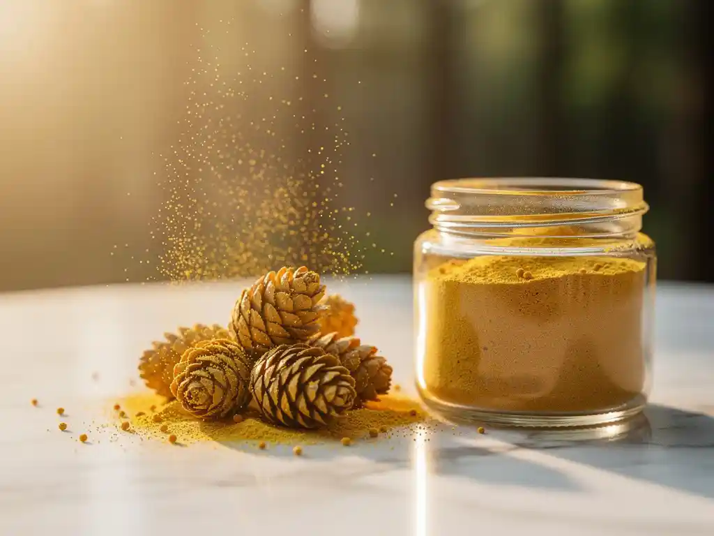 Gouden dennenpollen kegels met fijn stuifmeel op wit marmer, naast een klein glazen potje met gouden supplementenpoeder in zacht ochtendlicht.