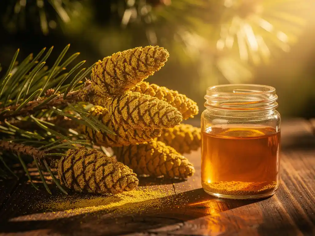 Gouden dennentак met rijpe pollenкegels die geel stuifmeel verspreiden naast een glazen pot dennenpollen supplement in warm ochtendlicht.