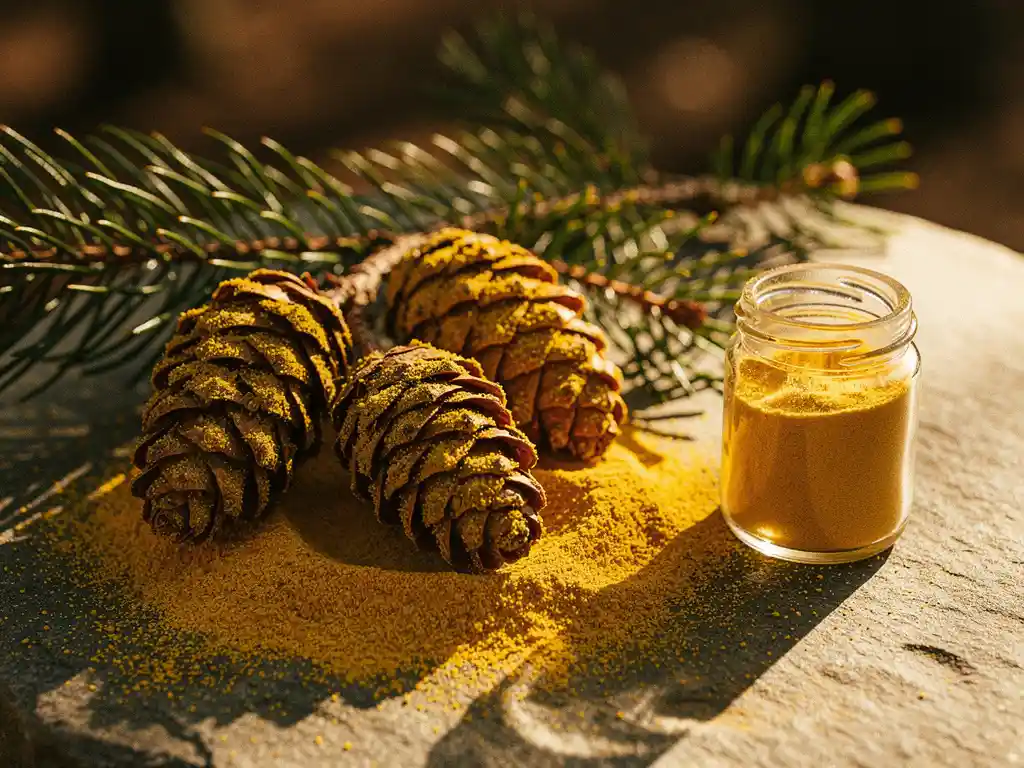 Gouden dennentakje met pollen bedekte kegels op steen, geel stuifmeel en een glazen potje supplement in warm zonlicht.