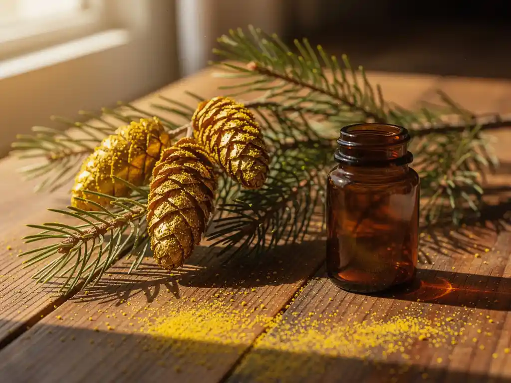 Gouden dennentakken met pollenrijke kegels naast een amberkleurig supplementenpotje op houten ondergrond in zacht ochtendlicht.
