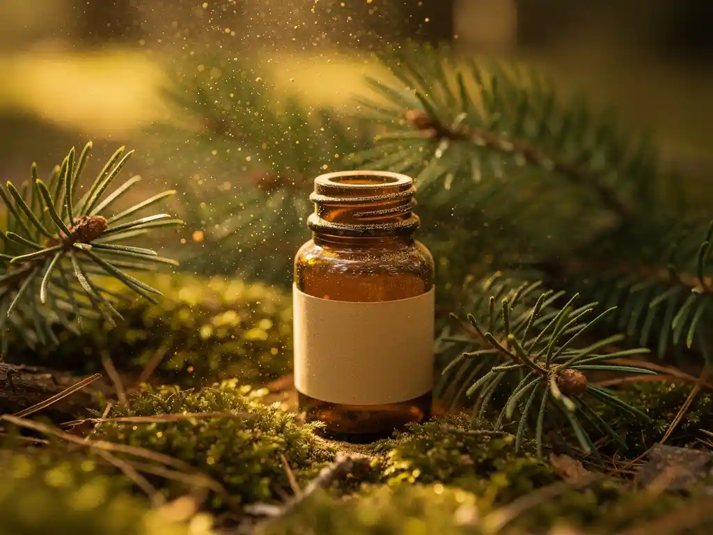 Dennentakken bestoven met goudkleurig pollen naast een amber glazen pot op een bemostbosbodem in zacht ochtendlicht.