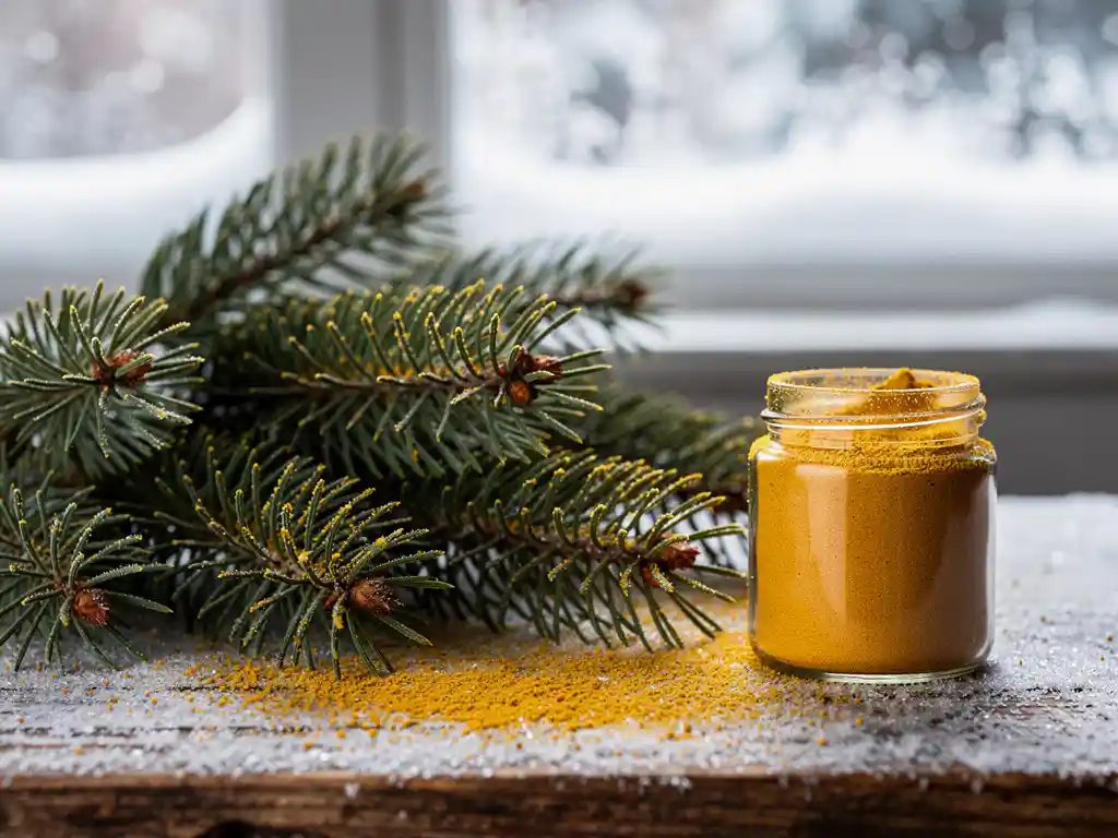 Dennentakken bestoven met gouden pollen naast een glazen pot met amber supplement poeder op bevroren houten ondergrond.