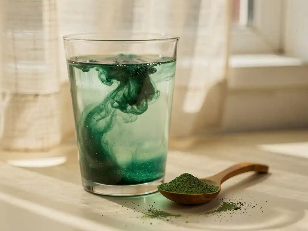 Glas water met oploswolken van groen planktonpoeder en een houten lepel, gefotografeerd in zacht ochtendlicht.