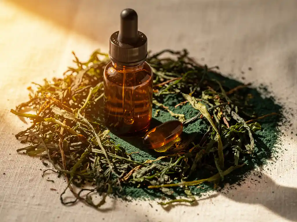 Amber druppelflesje en softgel capsule op gedroogd zeewier en spirulinapoeder, verlicht door warm zijdelings zonlicht op linnen ondergrond.