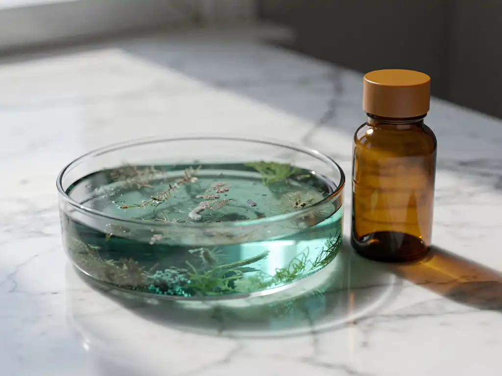 Glazen petrischaal met groenblauw zeewater en microalgen naast een amber supplementenflesje op wit marmer.