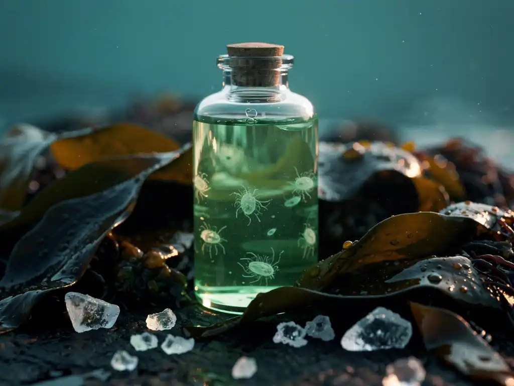 Glazen flesje met groentintig oceaanwater en microscopisch plankton, rustend op zeewier en zeezoutkristallen.