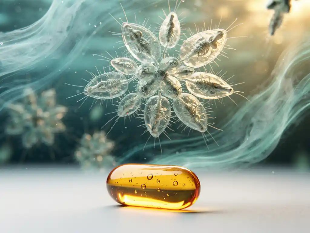 Microscopisch zichtbaar oceaanplankton in helder water met blauwgroene stroming, met een gouden supplementcapsule op witte ondergrond.