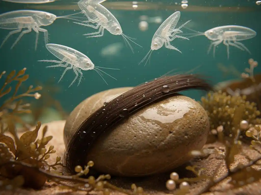 Microscopische planktonorganismen in helder oceaanwater naast een gezonde haarstreng op een natte steen met zeewier en algen.