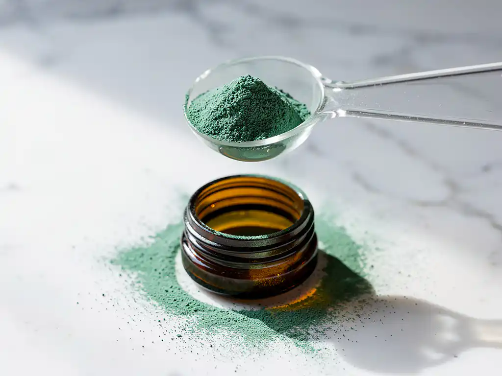 Glazen maatlepel met groen planktonpoeder boven een amberkleurige supplementenpot op wit marmer.