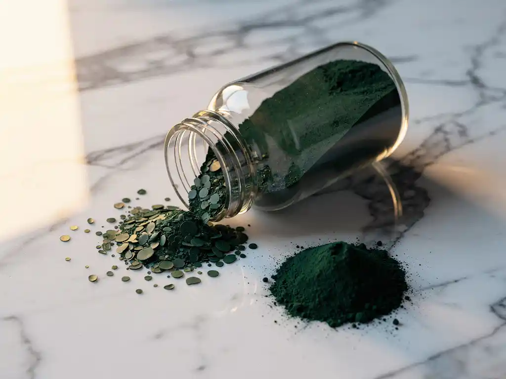 Glazen supplementenfles met donkergroen planktonpoeder op marmeren ondergrond, omringd door spirulinavlokken en fijn emeraldgroen poeder.