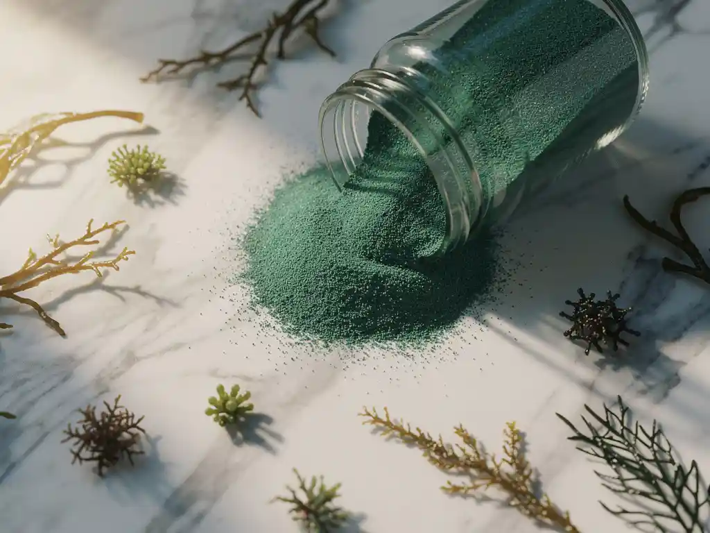 Glazen pot met helder groen planktonpoeder gekanteld op wit marmer, omringd door zeewierfronden en algenclusters in zacht ochtendlicht.