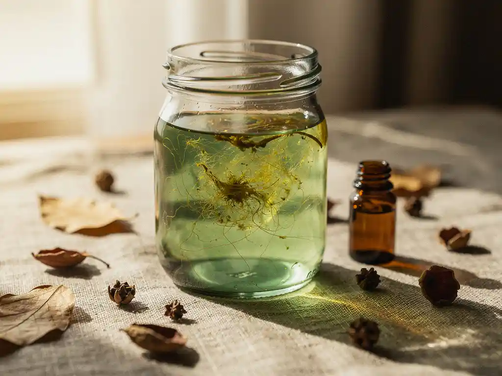 Goudgroen plankton wervelend in een glazen pot met helder water, omringd door gedroogde botanicals en een amber supplementenflesje op linnen ondergrond.