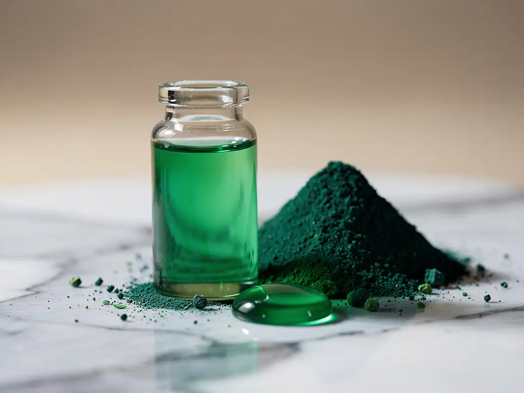 Glazen flesje met groene plankton supplement vloeistof naast smaragdgroen poeder op wit marmer, met microalgen vlokken.