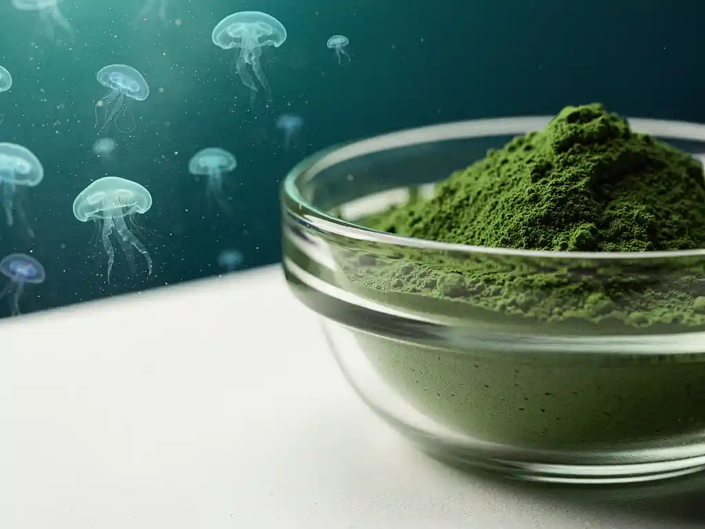 Lichtgevend fytoplankton in helder oceaanwater naast een glazen kom met groen algensupplement poeder op witte ondergrond.