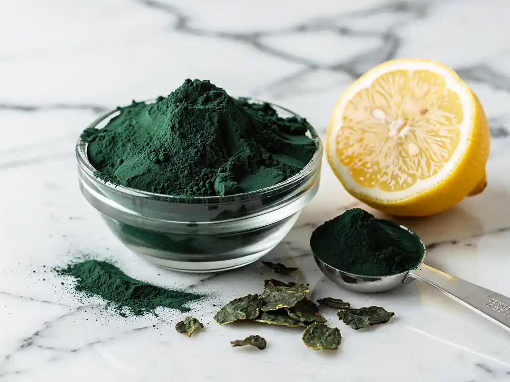 Glazen kommetje gevuld met groene spirulina- en chlorellapoeder, meetlepel, gedroogde planktonvlokken en citroenhelft op wit marmer.