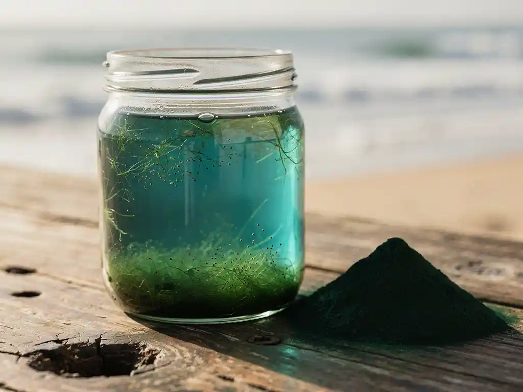 Glazen pot met groenblauw microalgenwater naast spirulinapoeder op verweerd hout, met zachte oceanemist op de achtergrond.