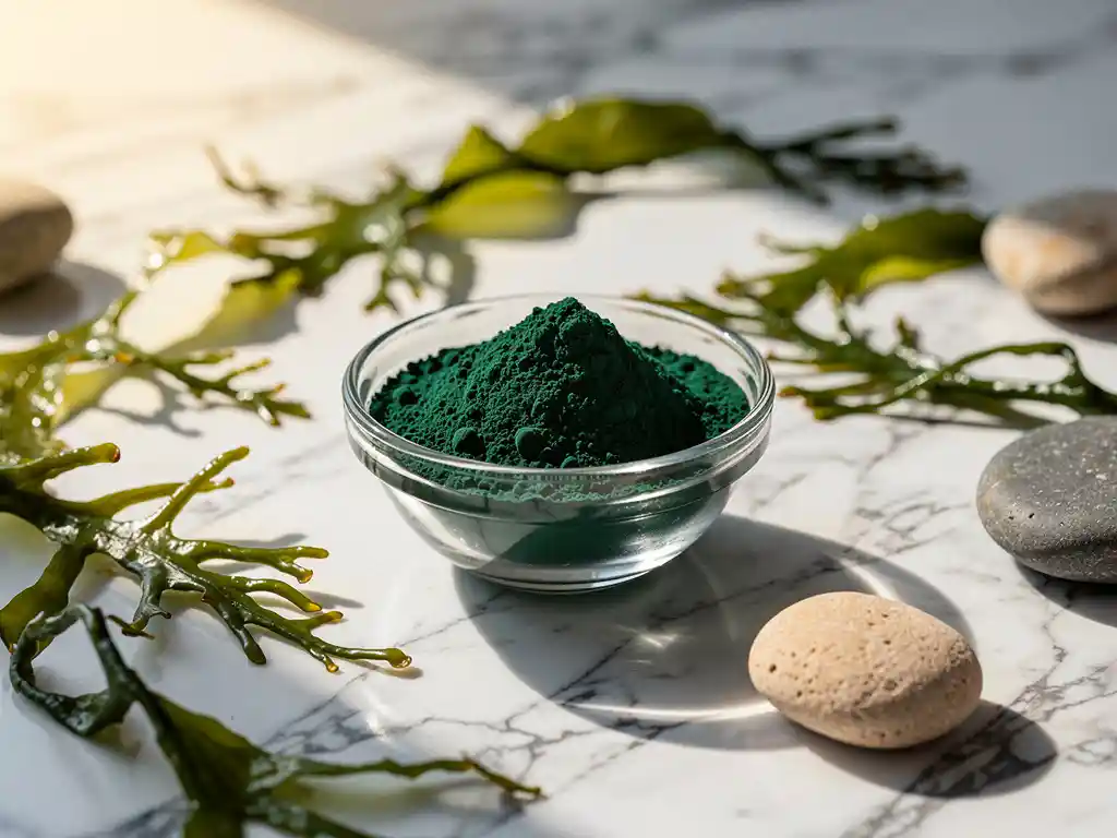 Glazen schaaltje met verse spirulinapoeder omringd door kelp en kiezelstenen op wit marmer in zacht ochtendlicht.