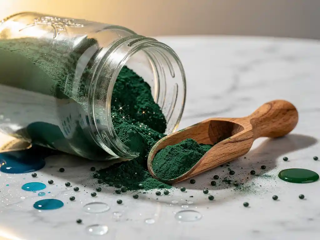 Glazen pot met spirulina poeder gekanteld op wit marmer, houten schepje ernaast, verspreide groene granules in zacht natuurlijk licht.