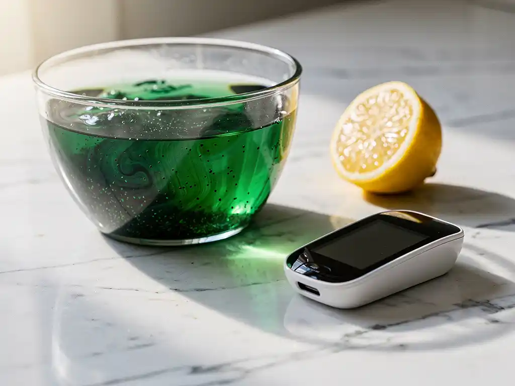 Glazen kom met heldergroen spirulina-water naast een glucosemeter en halve citroen op wit marmer in zacht daglicht.