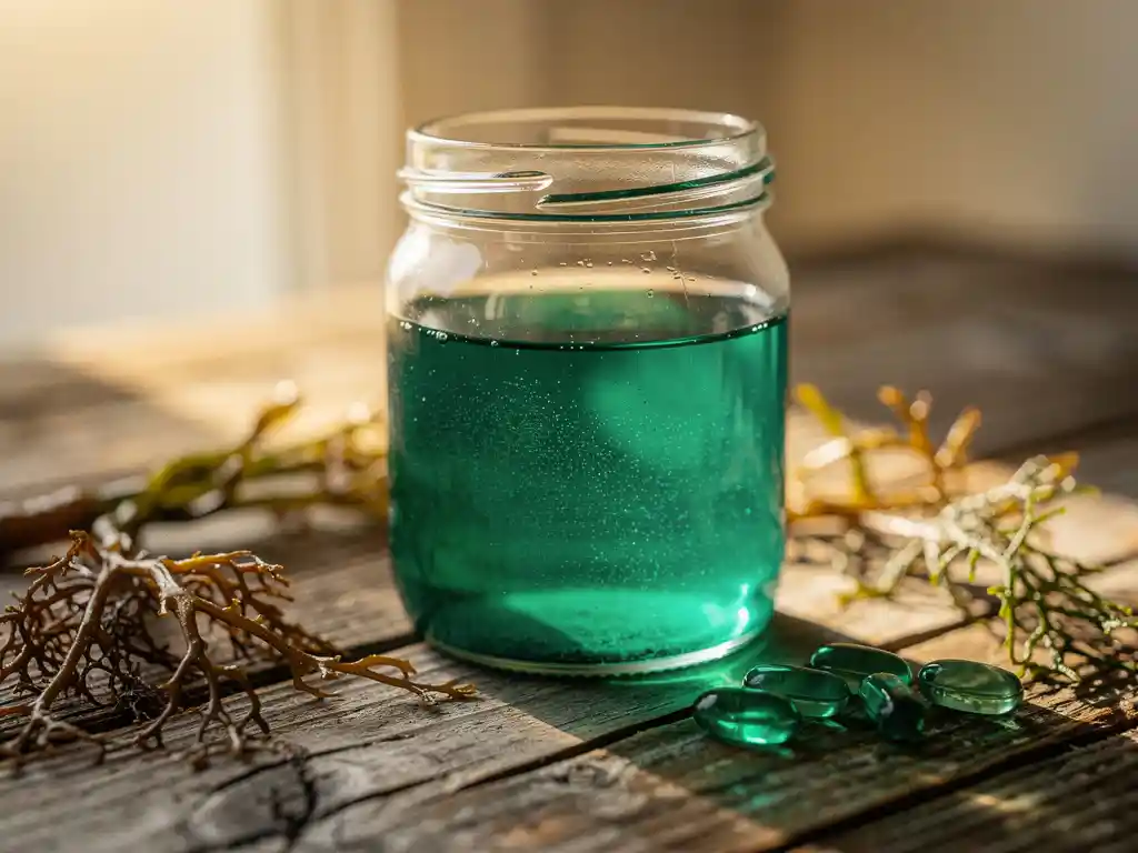 Glazen pot met heldergroen spirulinawater op verweerd hout, omringd door gedroogd zeewier, kelp en transparante capsules.