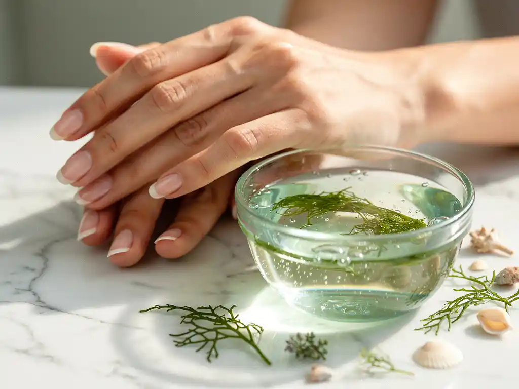 Verzorgde vrouwenhanden naast een glazen kommetje met oceaanwater en groene microalgen op wit marmer.
