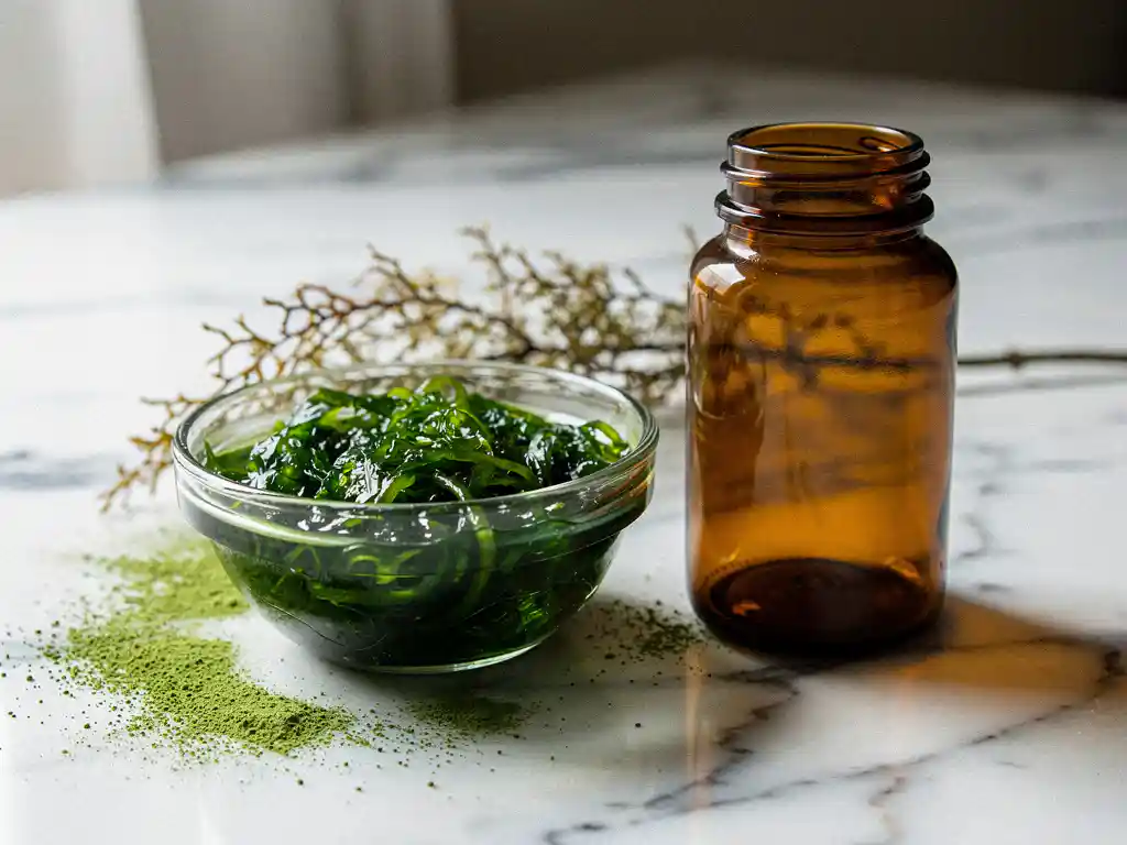 Glazen schaaltje met vers zeeplankton naast een amberkleurige probioticasupplement fles op wit marmer met groen zeewierpoeder.