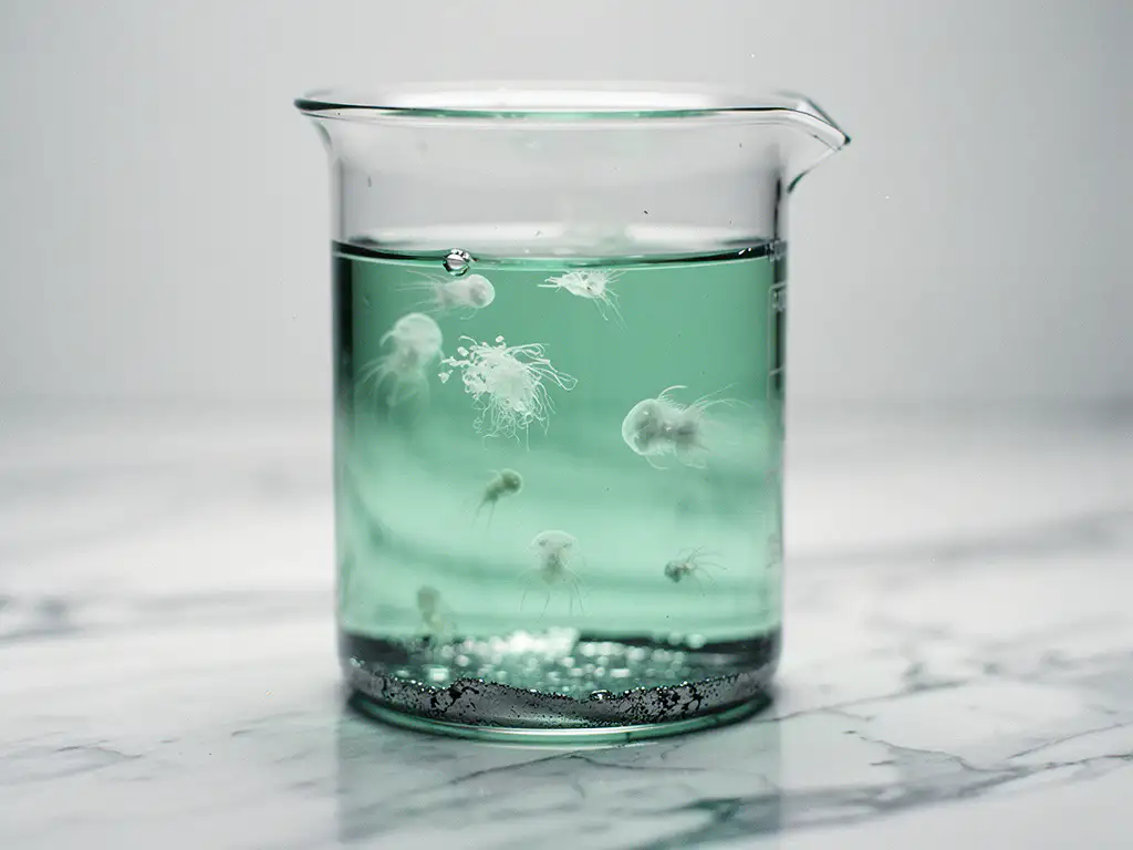 Glazen laboratoriumbekerglas met groengetint zeewater, microscopisch plankton zichtbaar als transparante organismen, donker metaalresidu op de bodem.