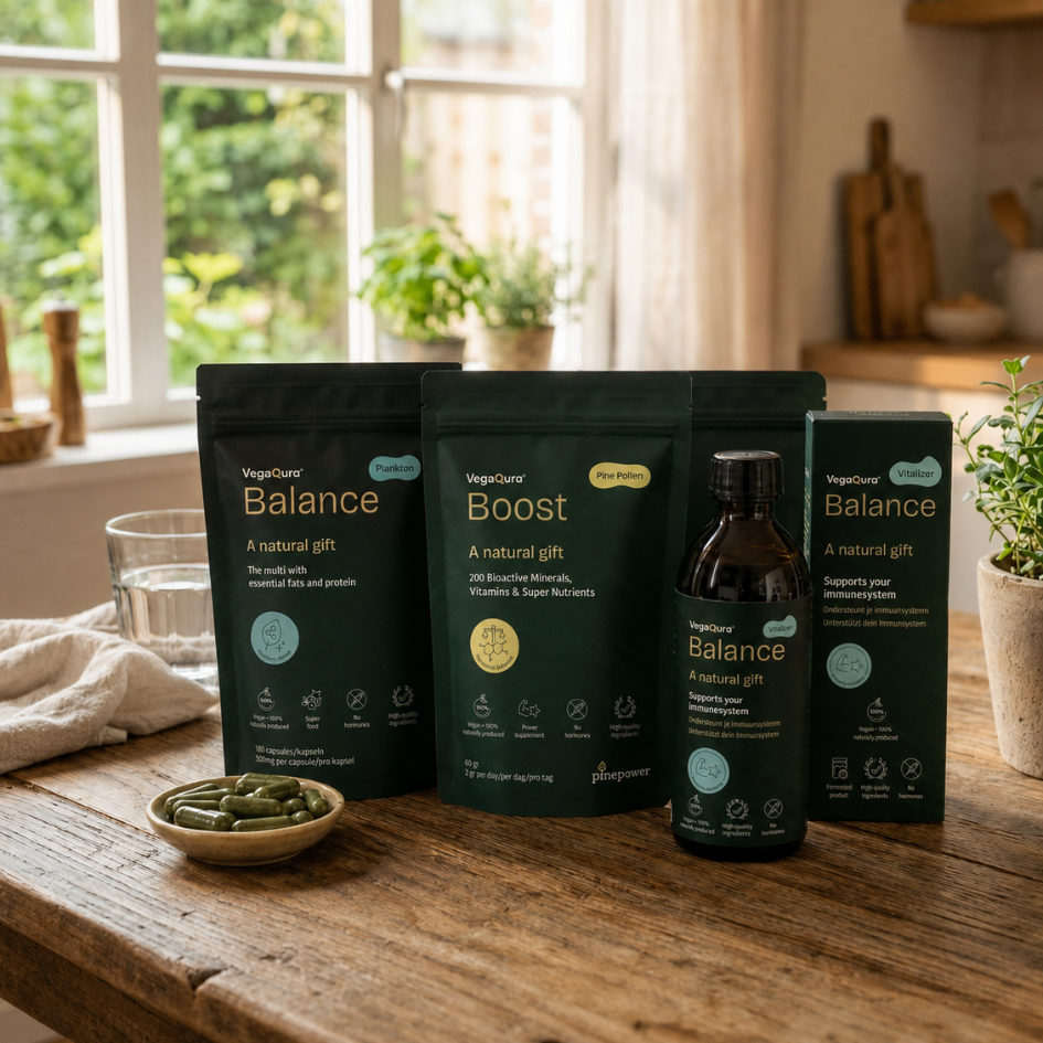 Health supplements on a wooden table