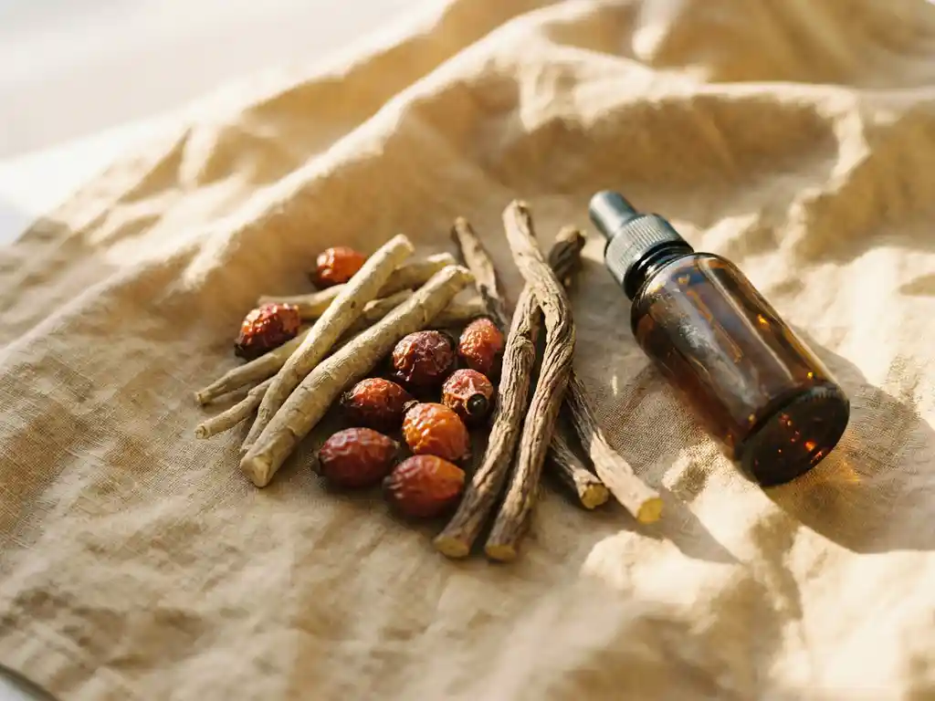 Ashwagandha, zoethoutwortel en gedroogde rozenbottels op linnen naast een amber glazen supplement flesje, zacht ochtendlicht.