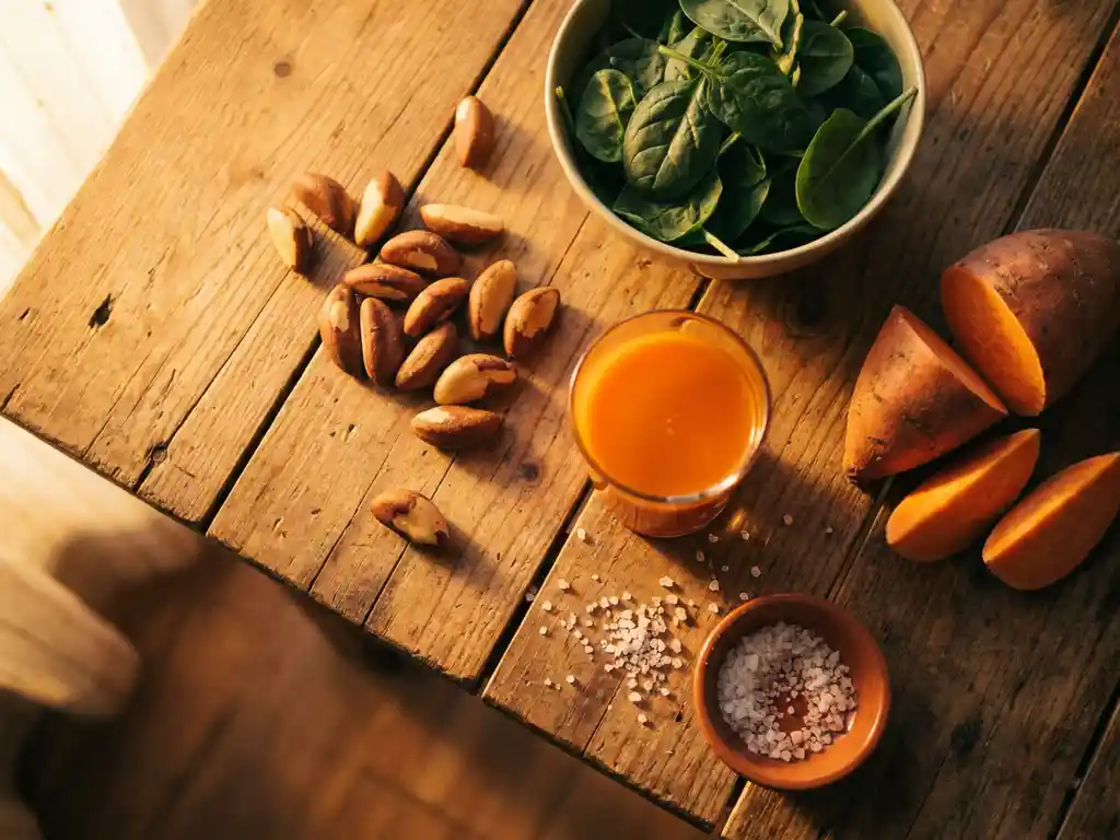Brazilnoten, spinazie, zoete aardappelen en vers geperst sap op rustiek hout, voedingsmiddelen die de bijnieren ondersteunen.
