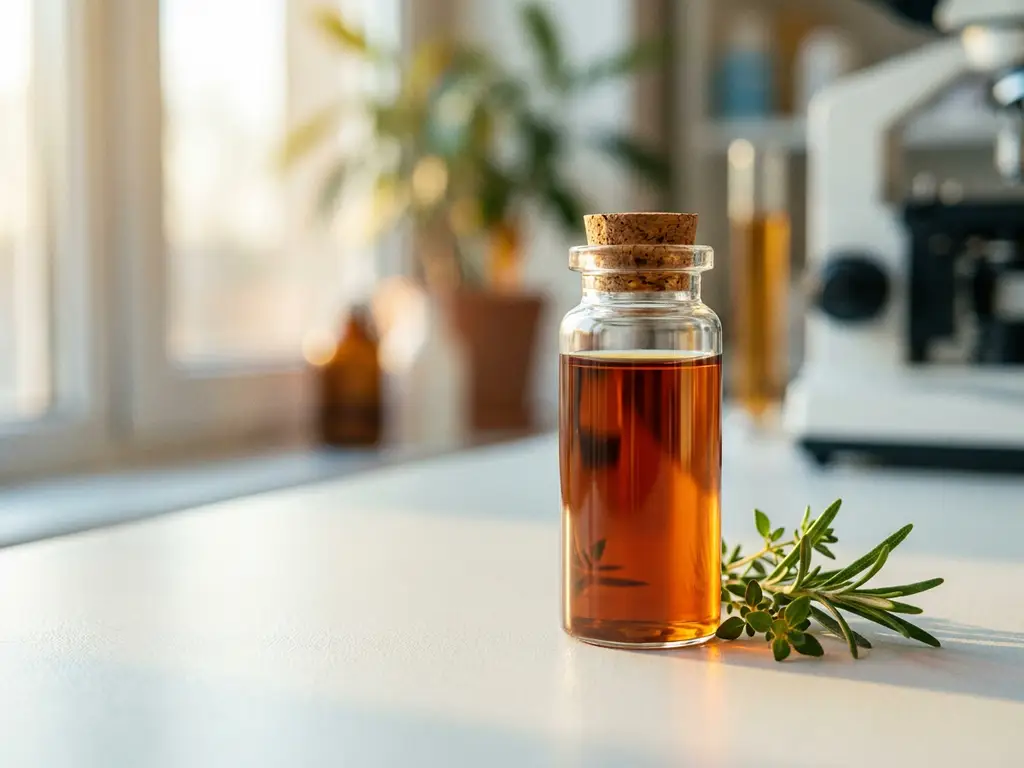 Glazen flesje met amber bloedserum op wit klinisch oppervlak naast verse groene kruiden, zacht ochtendlicht.