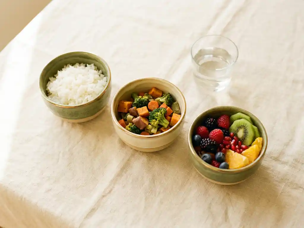 Drie keramische schaaltjes met rijst, gekookte groenten en kleurrijk fruit op linnen, symboliseren voedingsfasen met glas water ernaast.
