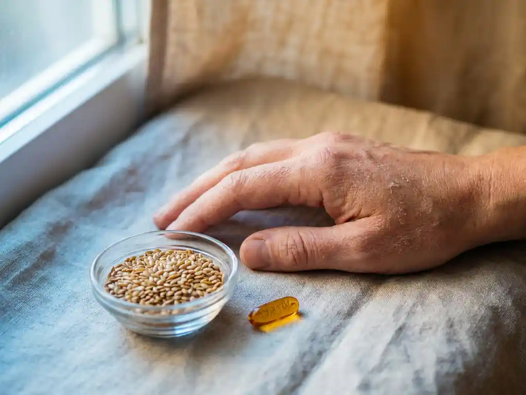 Droge, schilferende huid op een hand naast een glazen schaaltje lijnzaad en een visolie capsule, rijk aan omega-3.