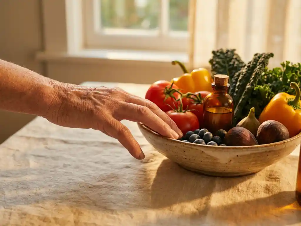 Droge, doffe huid naast een kom met kleurrijke groenten en fruit, met een glazen supplement fles in warm gouden licht.
