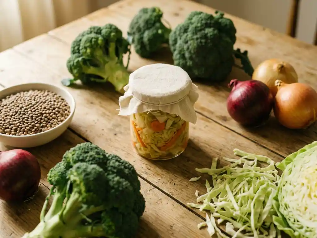 Bovenaanzicht van een rustieke houten tafel met broccoli, linzen, ui, kool en een potje gefermenteerde groenten in natuurlijk daglicht.